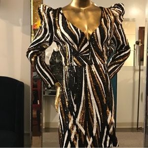 Black and Gold Puff Sleeve Sequin Mini Dress